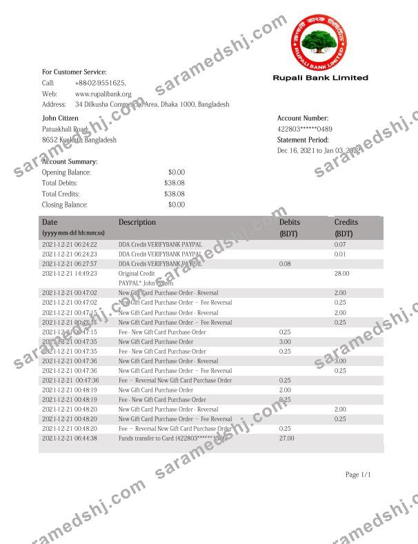 Bangladesh Rupali Bank statement template in Word and PDF format